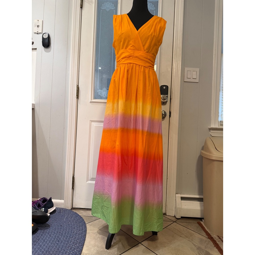 Taylor Orange Rainbow Ombre Striped Sleeveless V-Neck Maxi Dress Small